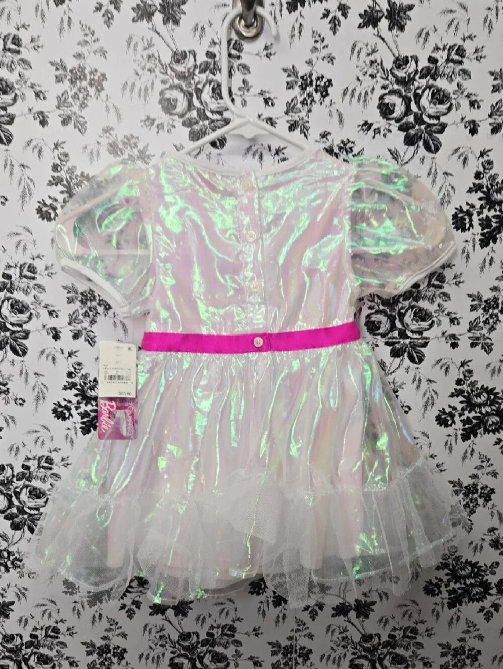 Barbie Iridescent White and Pink Tulle Dress with Hot Pink Sash